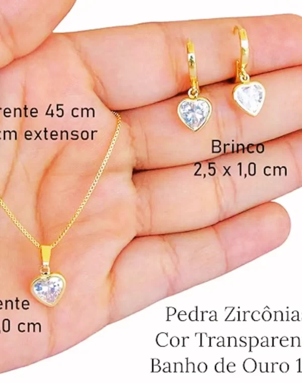 Conjunto Brinco e Colar Pingente Coração Cravejado Pedra Zircônia