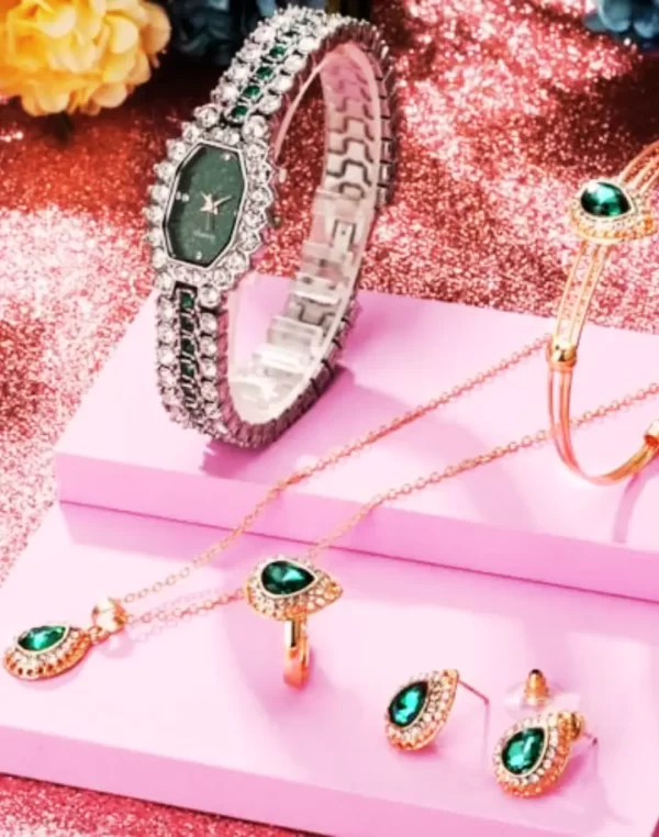 Conjunto Completo, Relógio, Pulseira, Brincos e Anel Ajustável