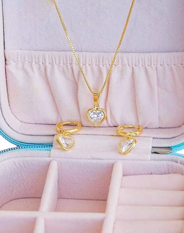 Conjunto Brinco e Colar Pingente Coração Cravejado Pedra Zircônia