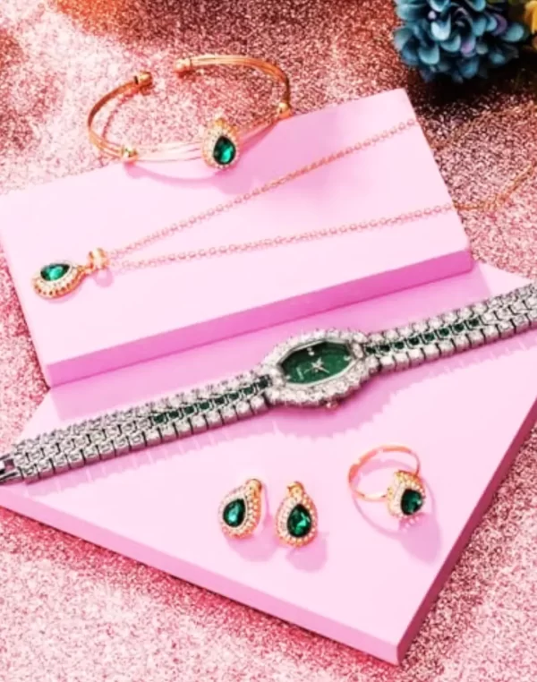 Conjunto Completo, Relógio, Pulseira, Brincos e Anel Ajustável