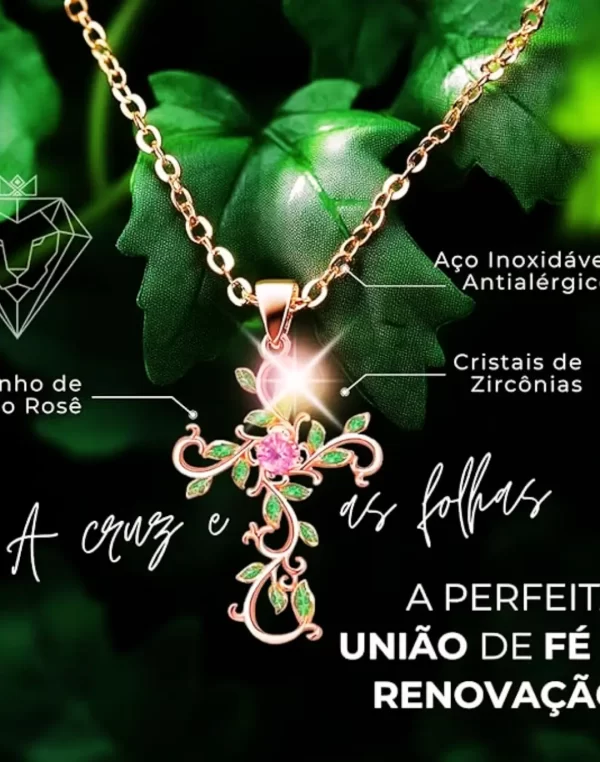 Colar com Crucifixo Feminino - Cruz com Folhas